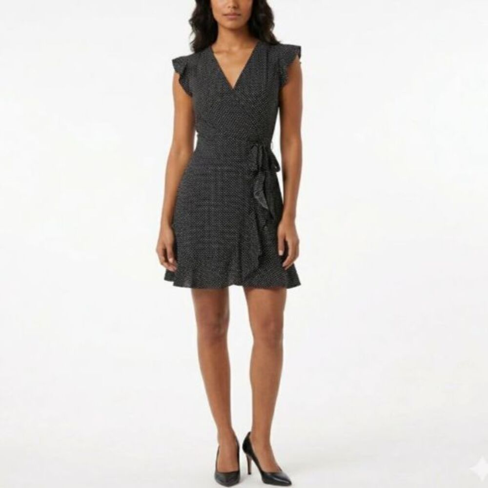 Monteau Womens Black White Mini Dot Faux Wrap Cap Sleeve Knee Length Dress Sz L